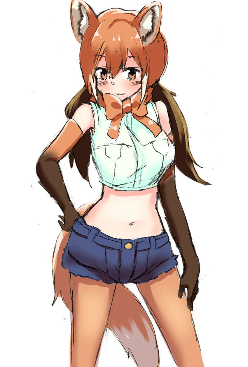 animal_ears aranagi_(arng_4401) bare_shoulders blush bow bowtie crop_top denim denim_shorts eyebrows_visible_through_hair gloves hand_on_hip highres kemono_friends long_hair maned_wolf_(kemono_friends) midriff navel pantyhose short_shorts shorts solo tail wolf_ears wolf_tail