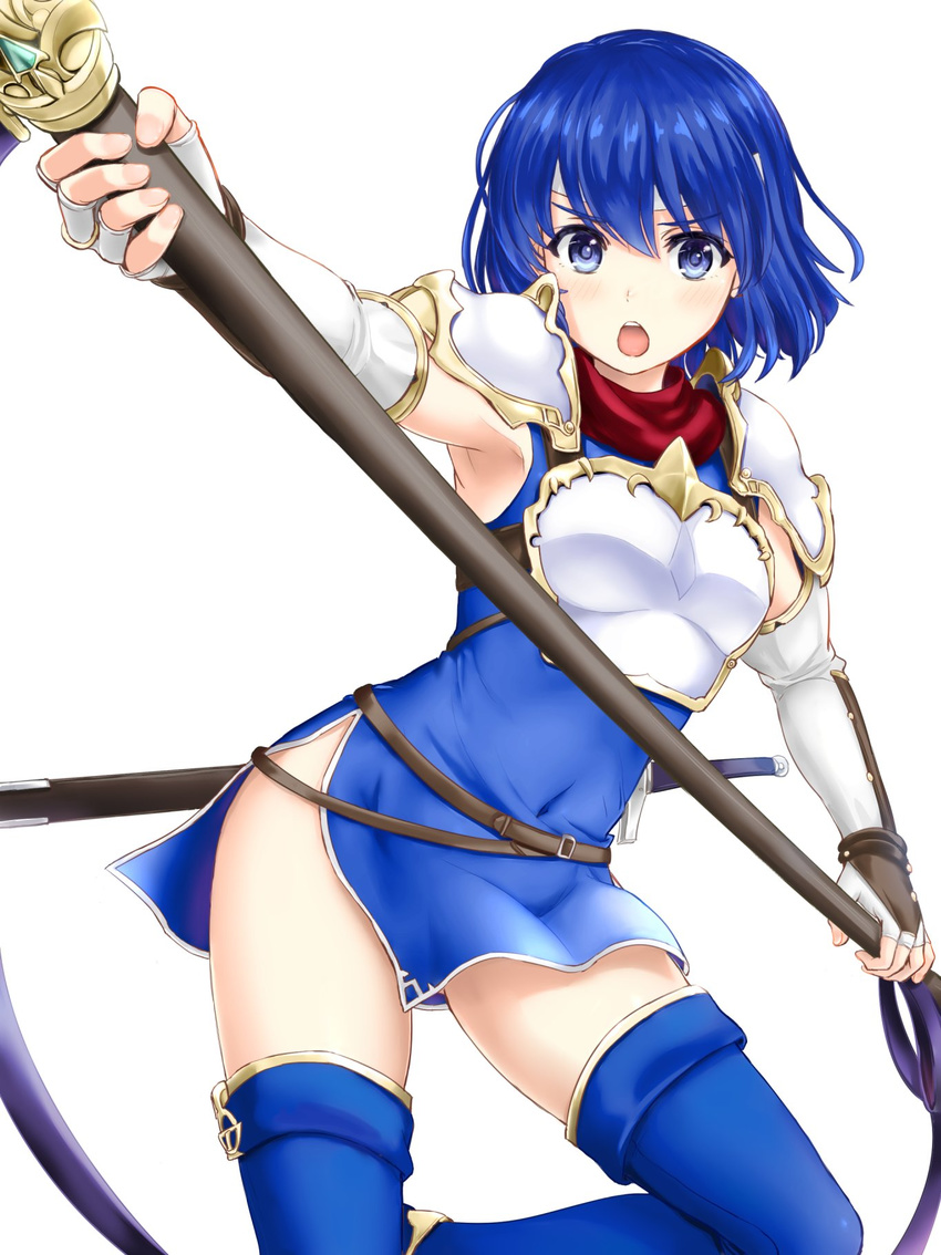 :o armor armpits ass_visible_through_thighs bangs belt blue_eyes blue_hair blush breastplate covered_navel elbow_gloves eyebrows_visible_through_hair fingerless_gloves fire_emblem fire_emblem:_monshou_no_nazo gloves headband highres holding holding_weapon inanaki_shiki katua looking_at_viewer open_mouth pegasus_knight polearm sheath sheathed short_hair shoulder_armor side_slit simple_background solo sword sword_behind_back thighhighs two-handed v-shaped_eyebrows weapon white_background