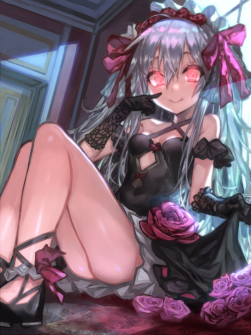 argyle_cutout ass azur_lane black_dress black_gloves breasts cleavage denchu_(kazudentyu) dress flower from_below gloves gothic_lolita hair_between_eyes hairband halterneck highres index_finger_raised indoors lolita_fashion lolita_hairband long_hair red_eyes red_flower silver_hair sitting skirt_hold small_breasts smile solo vampire_(azur_lane)