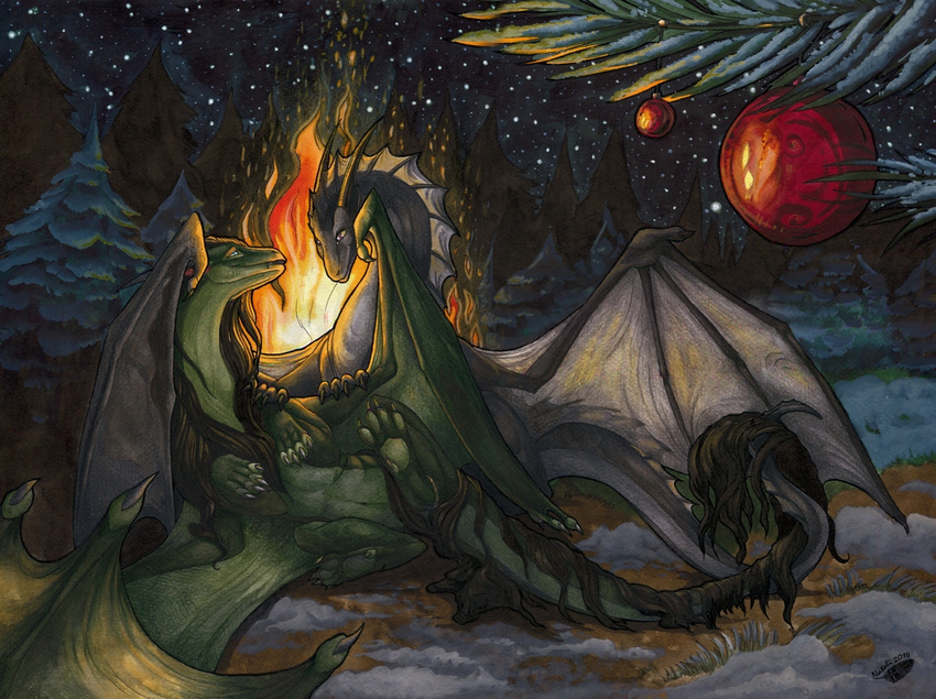 2018 detailed_background digital_media_(artwork) dragon duo female feral male membranous_wings natoli night outside scalie sky spines star starry_sky traditional_media_(artwork) western_dragon wings