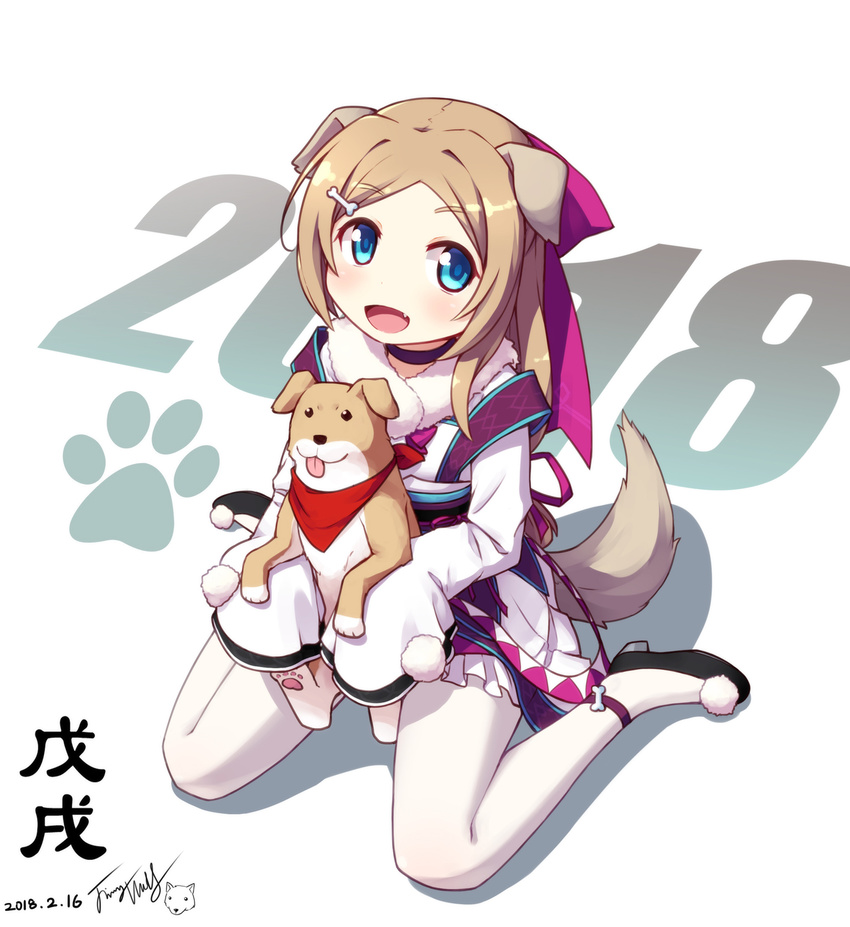 2018 :d animal animal_ears bandana bangs black_footwear blue_eyes blush bone_hair_ornament chinese_new_year chinese_zodiac commentary_request dated dog dog_ears dog_girl dog_tail eyebrows_visible_through_hair fang fur_collar hair_ribbon highres holding holding_animal holding_dog japanese_clothes kimono langbazi light_brown_hair long_hair long_sleeves looking_at_viewer open_mouth original pantyhose parted_bangs purple_ribbon red_bandana ribbon signature sitting sleeves_past_fingers sleeves_past_wrists smile solo tail tongue tongue_out very_long_hair wariza white_background white_kimono white_legwear year_of_the_dog