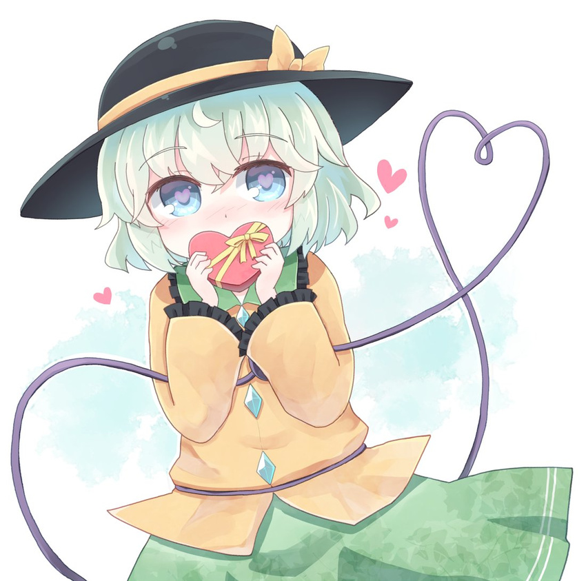 black_hat blue_hair blush bow box buttons collar collared_shirt commentary_request cowboy_shot diamond frilled_collar frills gift green_hair green_skirt hat hat_bow heart heart-shaped_box heart-shaped_pupils heart_of_string holding holding_gift kibisake komeiji_koishi long_sleeves shirt short_hair skirt solo symbol-shaped_pupils touhou valentine wide_sleeves yellow_bow yellow_shirt