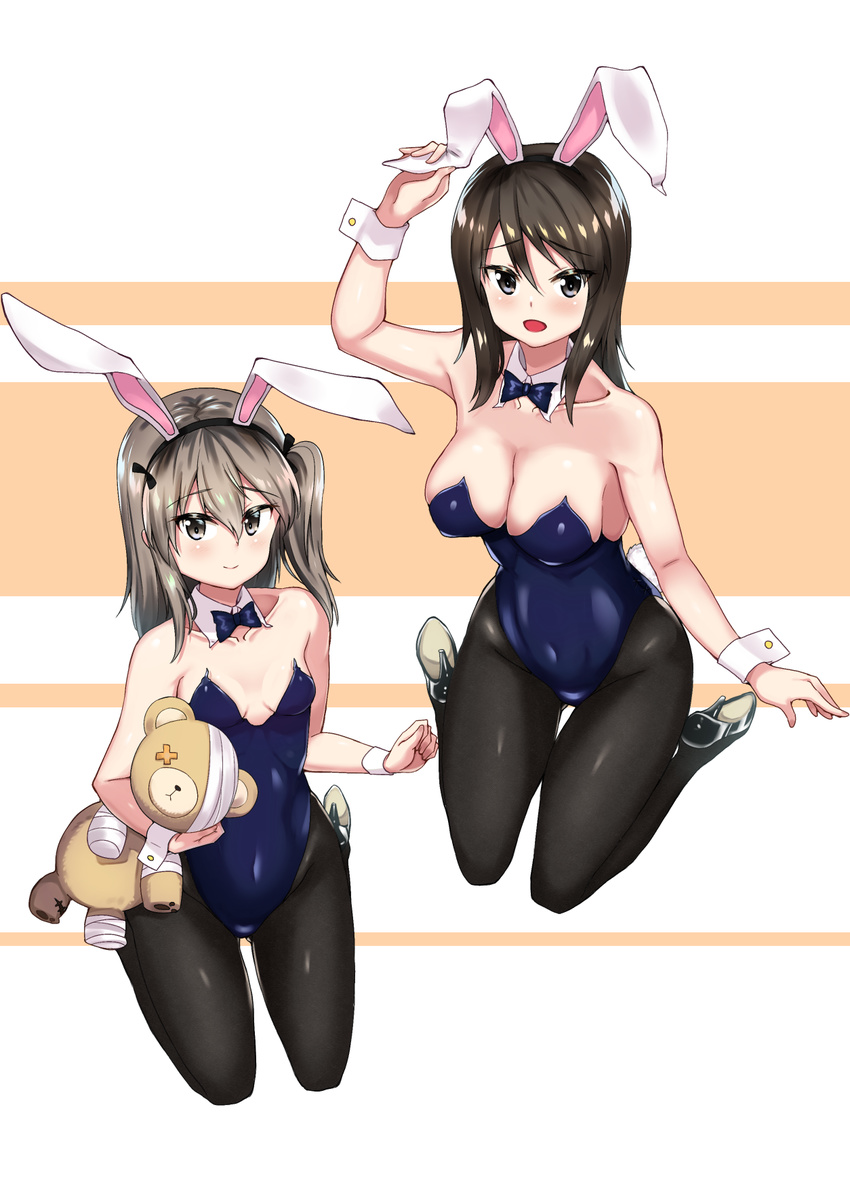 alternate_headwear animal_ears bandages bangs bare_shoulders black_footwear black_legwear black_ribbon blue_leotard blue_neckwear blush boko_(girls_und_panzer) bow bowtie breasts brown_eyes brown_hair bunny_ears bunny_tail bunnysuit cast cleavage closed_mouth collarbone detached_collar eyebrows_visible_through_hair girls_und_panzer grey_eyes hair_ribbon high_heels highres hikyakuashibi holding holding_stuffed_animal large_breasts leotard light_brown_eyes light_brown_hair long_hair looking_at_viewer mika_(girls_und_panzer) multiple_girls open_mouth pantyhose ribbon shimada_arisu side_ponytail sitting small_breasts smile strapless strapless_leotard stuffed_animal stuffed_toy tail teddy_bear wariza white_collar white_hair wrist_cuffs