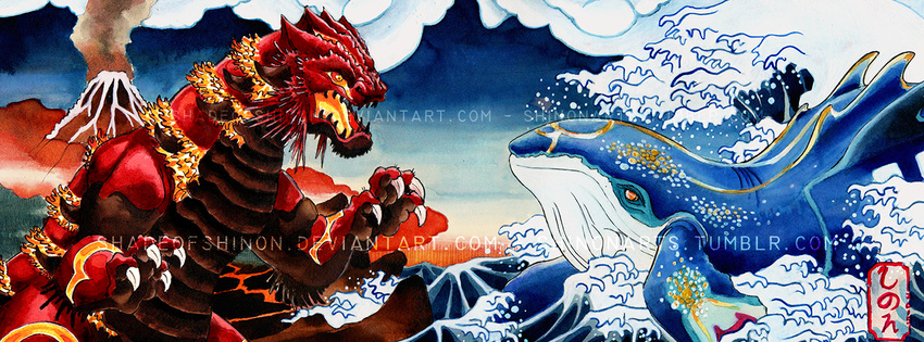 groudon kyogre no_humans ocean parody pokemon pokemon_(creature) primal_groudon primal_kyogre realistic shadeofshinon sharp_teeth signature teeth volcano watermark web_address