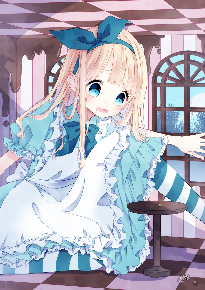 alice_(wonderland) alice_in_wonderland apron bangs blonde_hair blue_bow blue_dress blue_eyes blue_hairband blue_ribbon blue_sky blush bow checkered checkered_ceiling checkered_floor cloud commentary_request day dress drink_me fingernails frilled_apron frills giantess glass_bottle hair_ribbon hairband highres indoors key long_hair maid_apron one_knee open_mouth original pantyhose puffy_short_sleeves puffy_sleeves ribbon short_sleeves sidelocks sky solo striped striped_legwear table vertical_stripes very_long_hair wavy_mouth white_apron window zantei_hanako