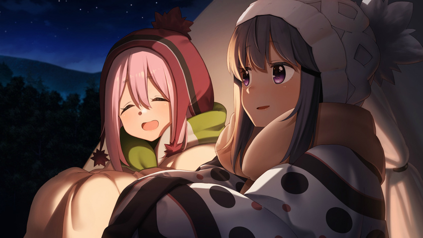 :d ^_^ bangs beanie black_hair blanket blush brown_scarf closed_eyes commentary dacchi eyebrows_visible_through_hair facing_viewer hair_between_eyes hat kagamihara_nadeshiko long_hair multiple_girls night night_sky open_mouth outdoors parted_lips pink_hair purple_eyes red_hat scarf shima_rin sidelocks sitting sky smile star_(sky) starry_sky striped striped_scarf white_hat yurucamp