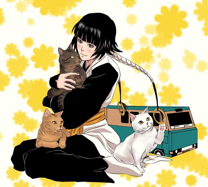 bleach braid brown_cat brown_eyes cat floral_background hair_ornament haori highres holding holding_cat japanese_clothes san-san_(pixiv16523866) shinigami short_hair_with_long_locks sitting smile sui-feng taichou_haori twin_braids white_cat