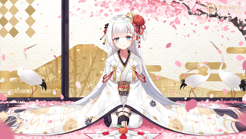 azur_lane bangs bird black_gloves blue_eyes blurry blurry_foreground blush breasts cherry_blossoms closed_mouth collarbone commentary_request crane_(animal) depth_of_field eyebrows_visible_through_hair fingerless_gloves gloves hair_ornament head_tilt indoors japanese_clothes kagami_mochi kimono large_breasts long_hair long_sleeves looking_at_viewer maya_g mole mole_under_eye nengajou new_year petals print_kimono revision seiza shoukaku_(azur_lane) silver_hair sitting smile solo very_long_hair white_kimono wide_sleeves