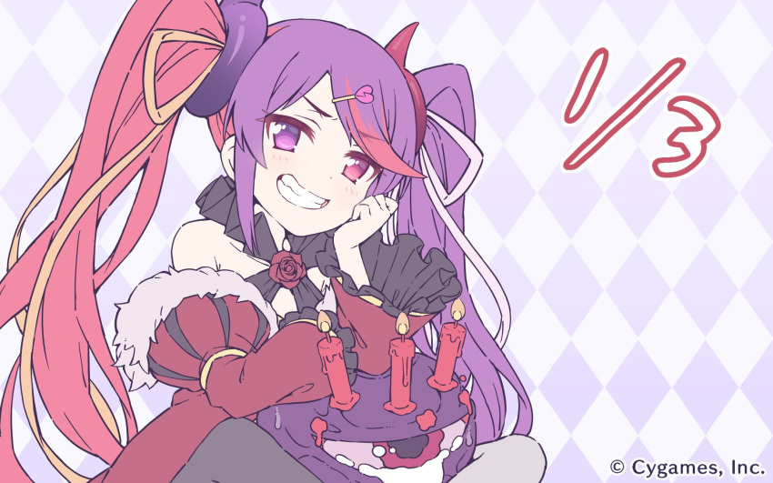 1girl blush candle checkered checkered_background clenched_teeth commentary_request crying crying_with_eyes_open cygames dated detached_sleeves hair_ornament hairclip happy_birthday heterochromia highres long_hair looking_at_viewer multicolored_hair official_art pantyhose portrait princess_connect!_re:dive purple_hair red_hair solo tamaizumi_misaki tears teeth twintails