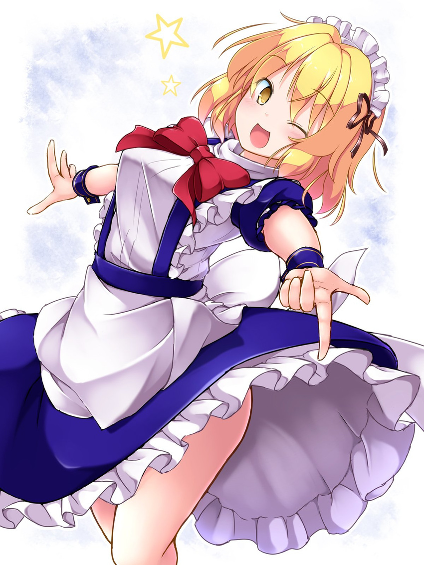 aka_tawashi apron blonde_hair blue_dress blush bow bowtie breasts brown_ribbon commentary_request dress eyebrows_visible_through_hair feet_out_of_frame frilled_apron frills hair_ribbon highres looking_at_viewer maid_headdress medium_breasts mugetsu one_eye_closed open_mouth petticoat pointing pointing_at_viewer puffy_short_sleeves puffy_sleeves red_bow red_neckwear ribbon short_hair short_sleeves smile solo star suspenders touhou touhou_(pc-98) white_apron white_background wrist_cuffs yellow_eyes