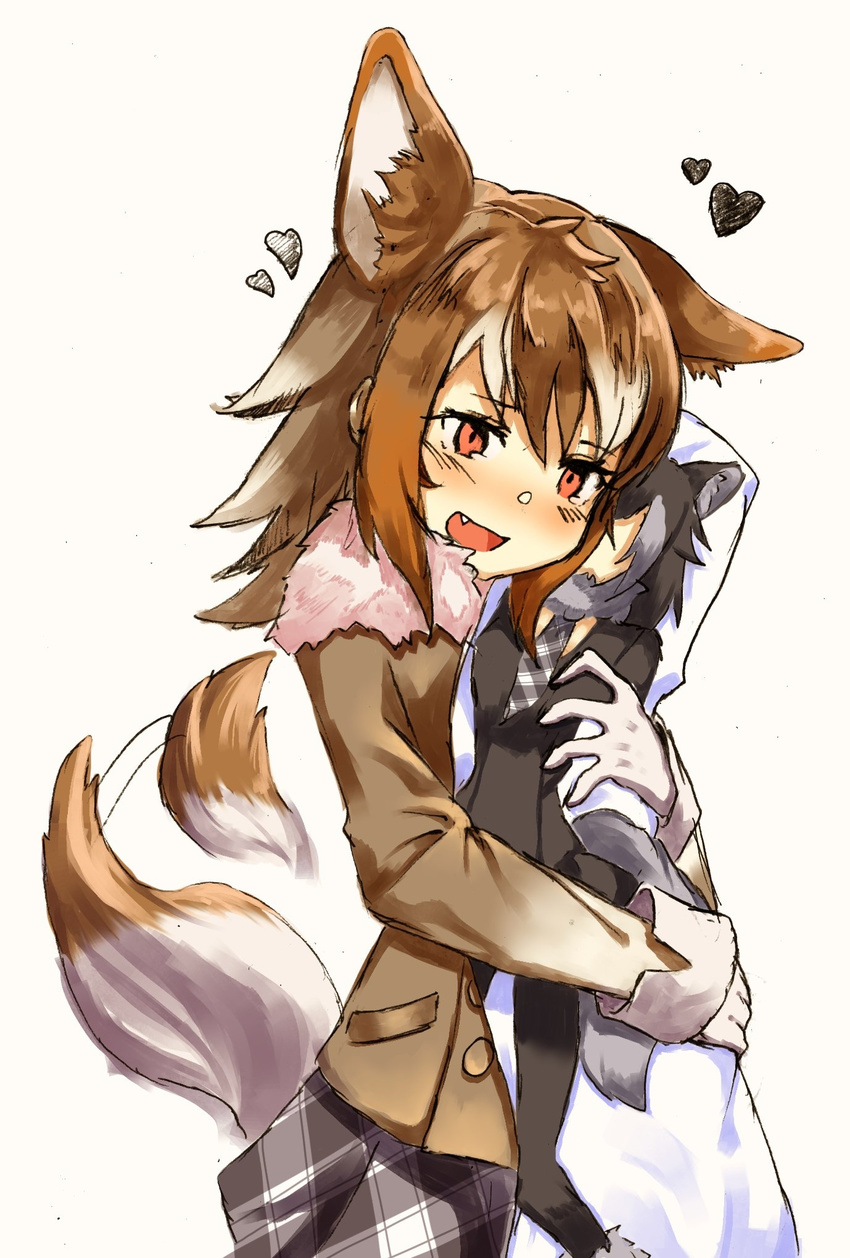 afterimage animal_ears aranagi_(arng_4401) blush dakimakura_(object) eyebrows_visible_through_hair fang fur_collar gloves grey_wolf_(kemono_friends) heart highres italian_wolf_(kemono_friends) kemono_friends multicolored_hair object_hug open_mouth pillow plaid plaid_skirt pleated_skirt skirt solo tail tail_wagging wolf_ears wolf_girl wolf_tail