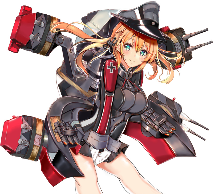 1girl anchor_hair_ornament between_legs black_skirt blonde_hair blue_eyes breasts cowboy_shot eriyama_(user_csua4255) gloves hair_ornament hand_between_legs hat kantai_collection large_breasts looking_at_viewer low_twintails machinery microskirt military military_hat military_uniform peaked_cap pleated_skirt prinz_eugen_(kantai_collection) rigging simple_background skirt smile solo torpedo torpedo_launcher turret twintails uniform white_background white_gloves