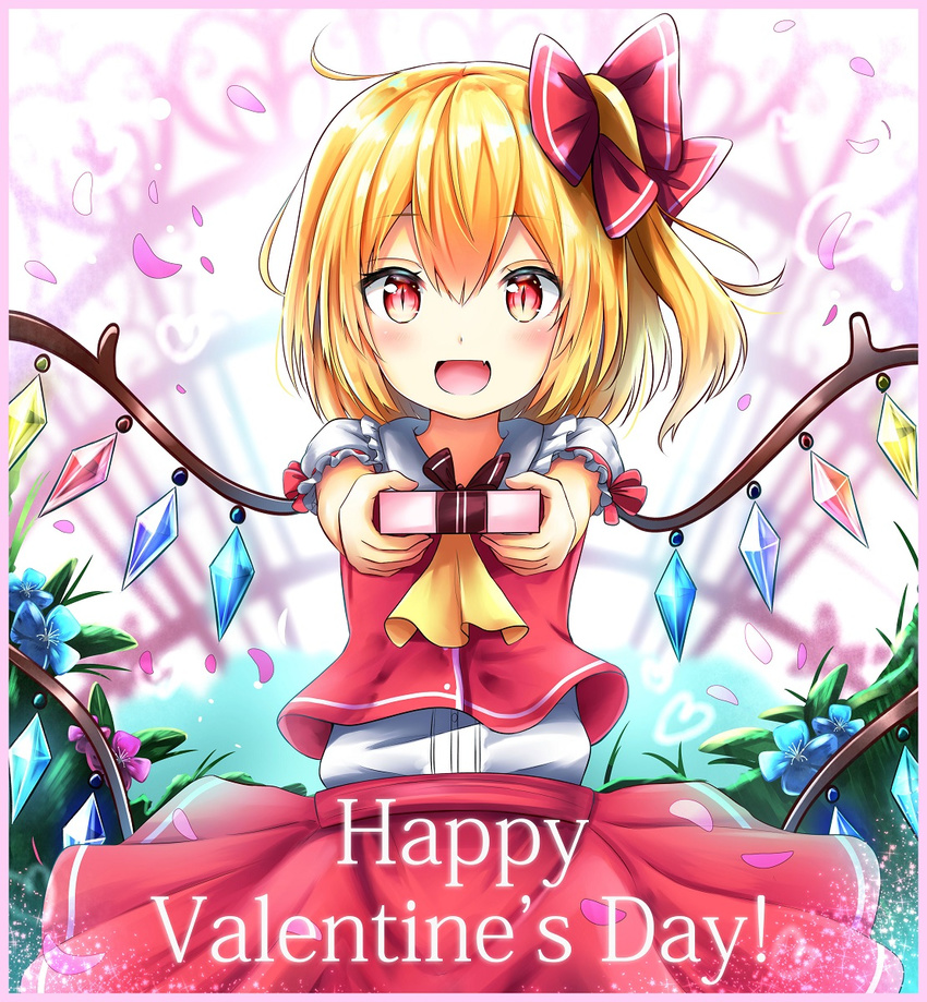 :d ahoge ascot blonde_hair blue_flower blurry blurry_background blush border bow box cowboy_shot crystal eyebrows_visible_through_hair fang flandre_scarlet flower foreshortening frilled_shirt_collar frilled_sleeves frills gift gift_box hair_bow highres holding holding_gift incoming_gift looking_at_viewer medium_skirt no_hat no_headwear one_side_up open_mouth outstretched_arms petals pink_border pink_flower puffy_short_sleeves puffy_sleeves red_bow red_eyes red_skirt red_vest renka_(cloudsaikou) shiny shiny_hair shirt short_sleeves skirt slit_pupils smile solo standing touhou valentine vest white_shirt wings yellow_neckwear