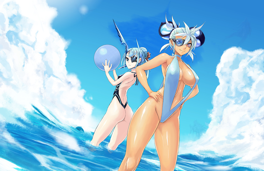 armor ass blue_eyes blue_hair breasts damagefloor dark_skin day eyepatch huge_breasts large_breasts long_hair looking_at_viewer mikumari_(xenoblade) multiple_girls navel ocean one-piece_swimsuit seori_(xenoblade) short_hair sky smile swimsuit xenoblade_(series) xenoblade_2