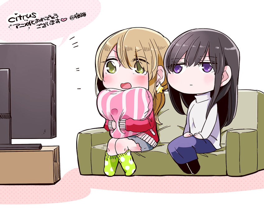 aihara_mei aihara_yuzu black_hair blonde_hair blush chibi citrus_(saburouta) copyright_name couch earrings flat_screen_tv green_eyes green_legwear jewelry long_hair long_sleeves multiple_girls neji_(ultramarinesunset) no_nose no_shoes open_mouth pillow pillow_hug polka_dot polka_dot_legwear purple_eyes sitting skirt star star_earrings television translation_request turtleneck watching_television white_background