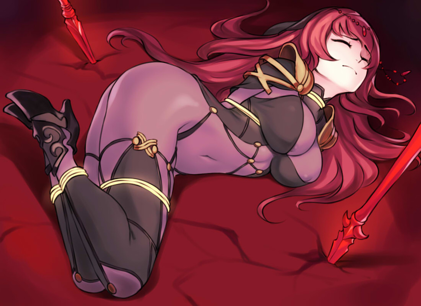 ankle_boots armor arms_behind_back ass bdsm black_footwear bodysuit bondage boots bound bound_arms bound_legs breasts circlet closed_eyes closed_mouth covered_nipples cracked_floor fate/grand_order fate_(series) full_body gae_bolg high_heel_boots high_heels large_breasts long_hair on_ground pauldrons planted_weapon purple_bodysuit red_hair scathach_(fate)_(all) scathach_(fate/grand_order) shoulder_armor sieyarelow skin_tight solo veil weapon