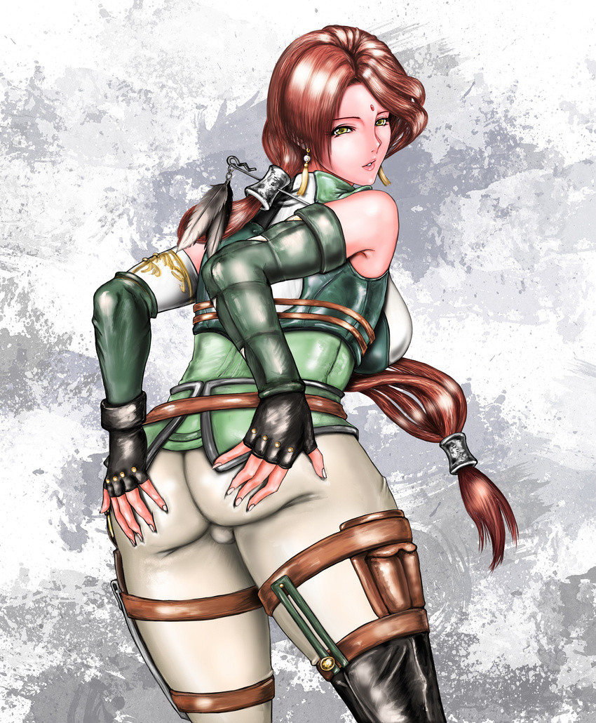 1girl armor artist_request ass ass_grab bare_shoulders breasts brown_hair cameltoe deep_skin feathers fingerless_gloves fingernails forehead_jewel from_behind gloves green_eyes large_breasts long_fingernails long_hair looking_at_viewer pants parted_lips ponytail sharp_fingernails shin_sangoku_musou shiny shiny_hair shiny_skin skin_tight smile solo very_long_hair yue_ying