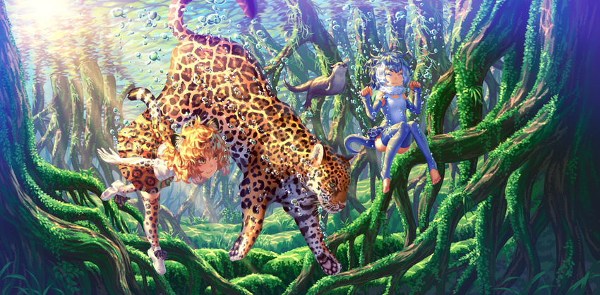 ^_^ absurdres air_bubble animal_ears bare_shoulders barefoot blonde_hair blue_hair bubble closed_eyes closed_mouth day elbow_gloves fingerless_gloves freediving fur_collar gloves green_eyes hands_up highres jaguar jaguar_(kemono_friends) jaguar_ears jaguar_print jaguar_tail kemono_friends knees_together_feet_apart knees_up looking_at_another mangrove multicolored_hair multiple_girls one-piece_swimsuit otter otter_ears otter_tail outdoors paws print_gloves print_legwear print_skirt shirt short_hair short_sleeves skirt small-clawed_otter_(kemono_friends) smile submerged swimming swimsuit tail thighhighs toes tree underwater wasabichan water white_hair yellow_eyes zettai_ryouiki