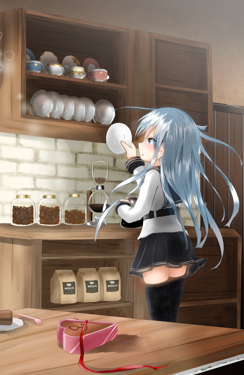 ahoge anchor_symbol black_legwear blue_eyes blue_hair blurry blurry_background blush box cabinet cake chocolate chocolate_cake coffee_maker_(object) cup depth_of_field eyebrows_visible_through_hair food fork heart-shaped_box hibiki_(kantai_collection) highres indoors jar kantai_collection kitchen long_hair long_sleeves oni_(onirenger) open_box plate profile saucer shelf shiny shiny_hair shirt sideways_mouth slice_of_cake solo standing stone_wall straight_hair thighhighs verniy_(kantai_collection) wall white_shirt wooden_table zettai_ryouiki