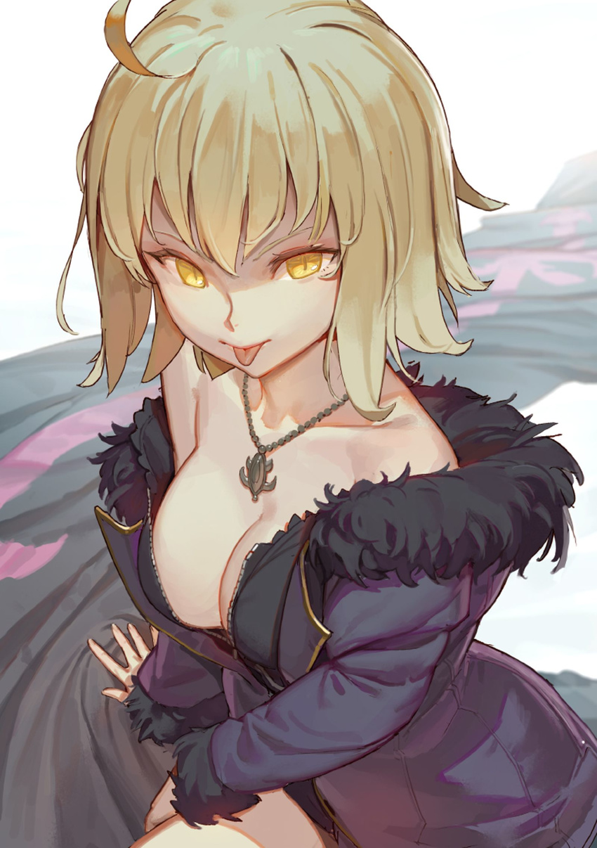 ahoge bangs blonde_hair breasts cleavage fate/grand_order fate_(series) fingernails fur_collar hair_between_eyes highres jeanne_d'arc_(alter)_(fate) jeanne_d'arc_(fate)_(all) jewelry medium_breasts necklace purple_coat short_hair solo tim_loechner tongue white_background wicked_dragon_witch_ver._shinjuku_1999 yellow_eyes