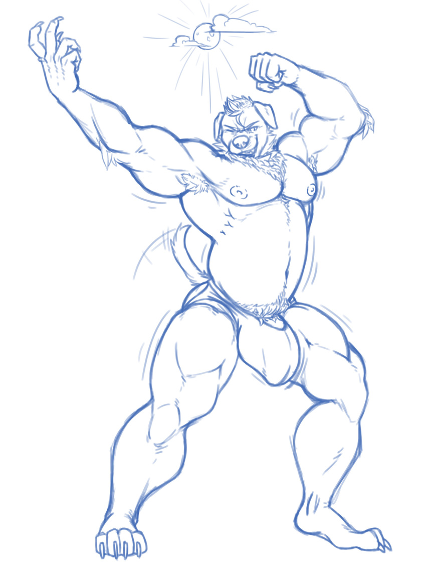 anthro armpit_hair canine clothing flexing kenjin looking_at_viewer male mammal monochrome musclegut muscular muscular_male nipples penis smile solo standing underwear