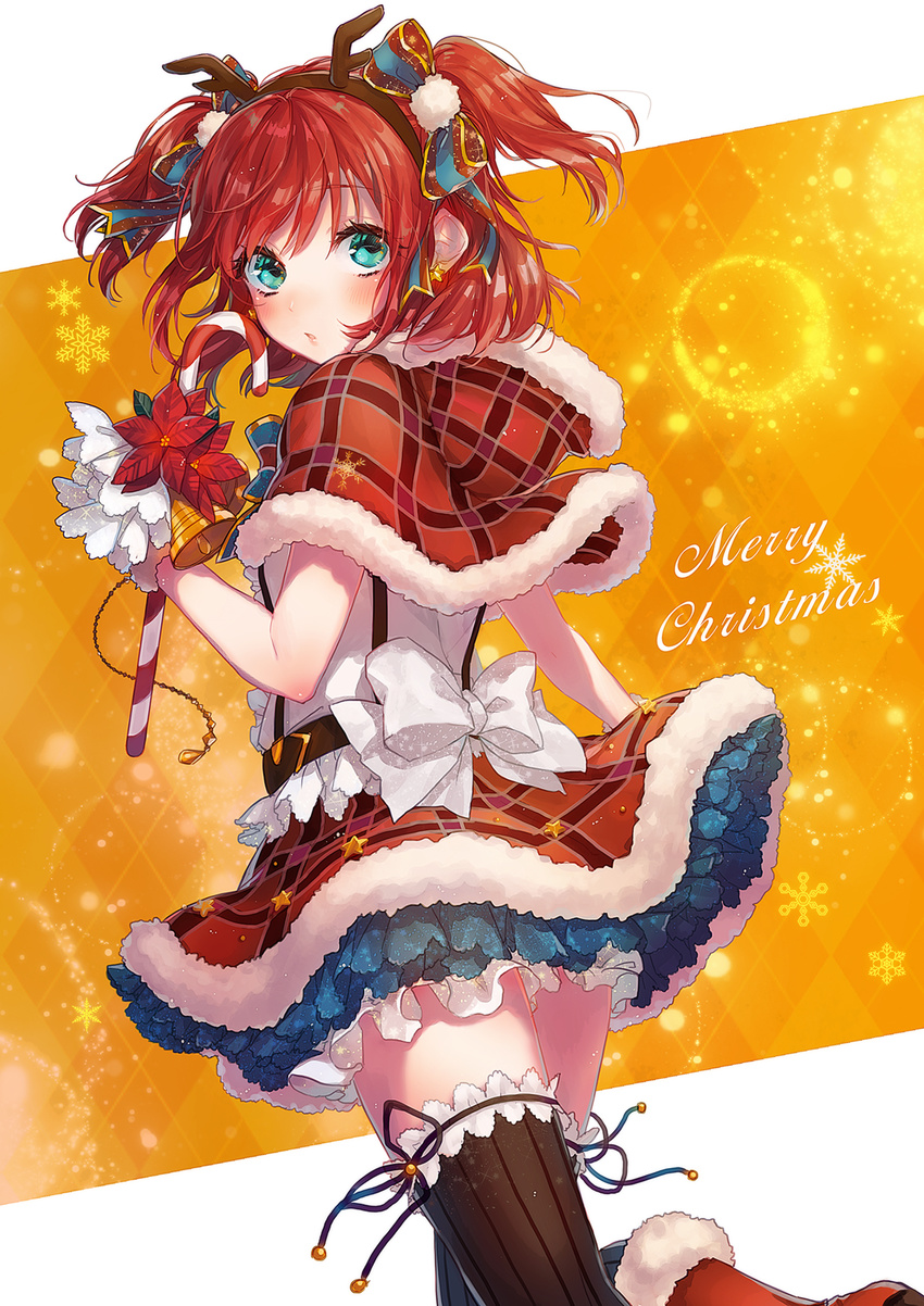 aqua_eyes blush boots bow brown_hairband brown_legwear capelet dutch_angle fake_antlers floating_hair fur_trim hairband highres holding kurosawa_ruby layered_skirt looking_at_viewer looking_back love_live! love_live!_sunshine!! merry_christmas miniskirt parted_lips red_footwear red_hair santa_boots shirt skirt solo standing striped striped_legwear sudach_koppe two_side_up vertical-striped_legwear vertical_stripes white_bow white_shirt