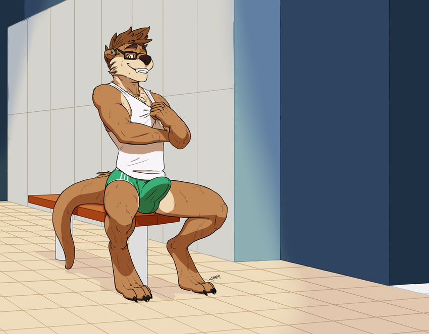 anthro briefs bulge clothed clothing erection erection_under_clothes eyewear glasses inside kenjin looking_at_viewer male mammal mustelid otter shirt sitting smile solo sweat tank_top tarrin underwear