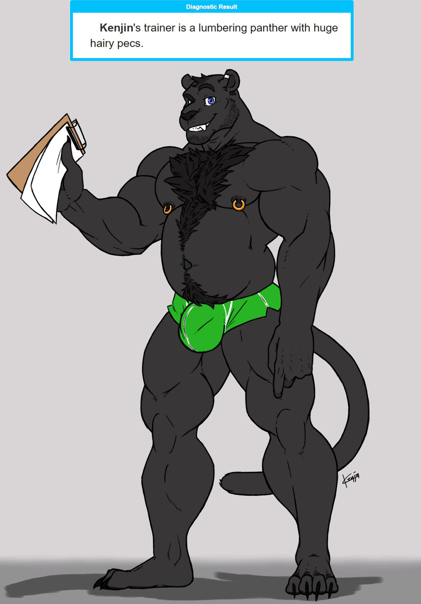 anthro belly big_belly body_hair bulge chest_hair clothed clothing feline kenjin looking_at_viewer male mammal musclegut muscular muscular_male nipple_piercing nipples panther piercing smile solo standing tight_clothing topless