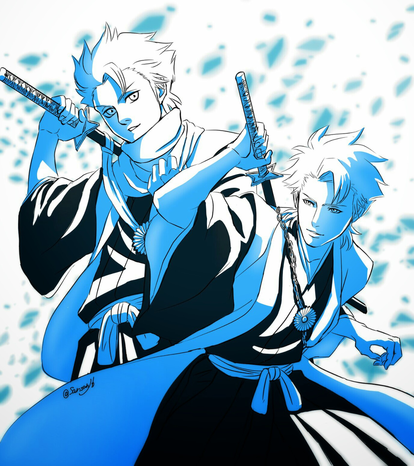 bleach blue dual_persona hair_slicked_back haori highres hitsugaya_toushirou japanese_clothes male_focus monochrome multiple_boys older parted_lips san-san_(pixiv16523866) sheath sheathed signature taichou_haori