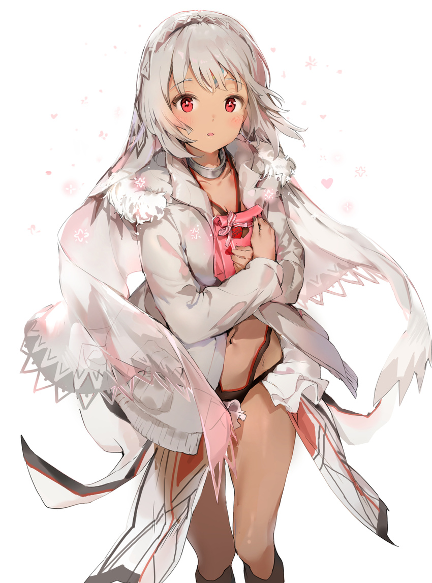 altera_(fate) anmi bangs blush commentary_request dark_skin fate/extella fate/extra fate/grand_order fate_(series) gift grey_hair hairband highres holding holding_gift looking_at_viewer navel parted_lips red_eyes shawl sidelocks simple_background solo standing thighs valentine white_background