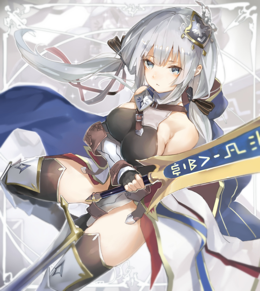 1girl between_legs black_bow black_gloves black_legwear blue_cape blue_eyes blush bow bracer breasts cape cruel_gz dual_wielding fingerless_gloves forte_(sennen_sensou_aigis) gloves greaves grey_background hair_bow hair_ornament hair_ribbon highres holding holding_sword holding_weapon large_breasts long_hair looking_at_viewer ribbon sennen_sensou_aigis silver_hair standing standing_on_one_leg sword thighhighs weapon wrist_cuffs