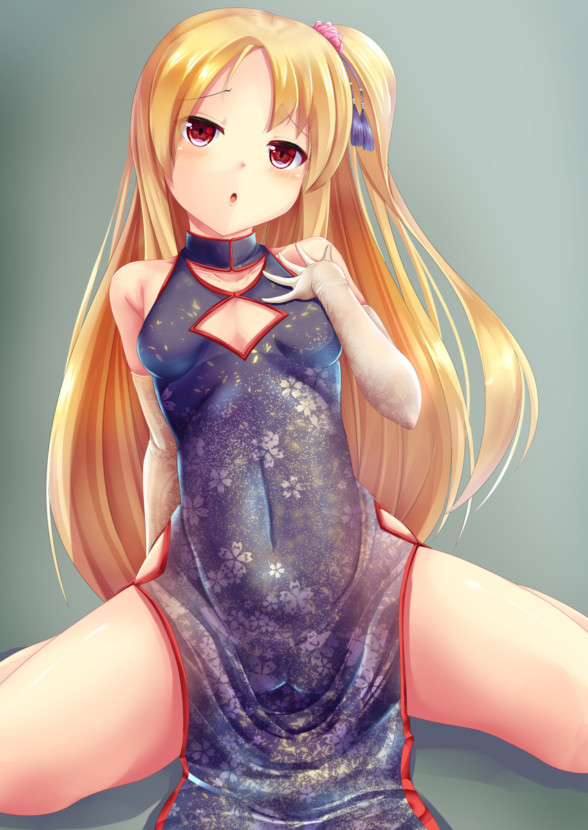 absurdres arm_behind_back arm_support azur_lane bangs bare_shoulders blonde_hair breasts cameltoe china_dress chinese_clothes cleavage cleavage_cutout cleveland_(azur_lane) covered_navel dress elbow_gloves gloves hair_ornament halterneck hand_on_own_chest head_tilt highres kirimori_toya leaning_back long_hair looking_at_viewer one_side_up parted_bangs purple_dress red_eyes side_slit sitting sleeveless small_breasts solo tight_dress wariza white_gloves