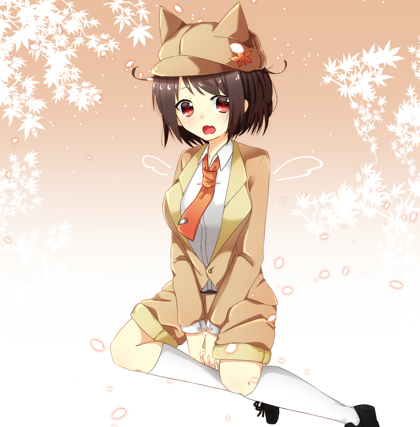 abe_suke bangs between_legs black_footwear brown_hair brown_hat brown_shorts buttons collared_shirt commentary_request hand_between_legs hat kneehighs long_sleeves looking_at_viewer necktie open_mouth orange_neckwear red_eyes shameimaru_aya shirt shoes short_hair shorts solo touhou white_legwear white_shirt