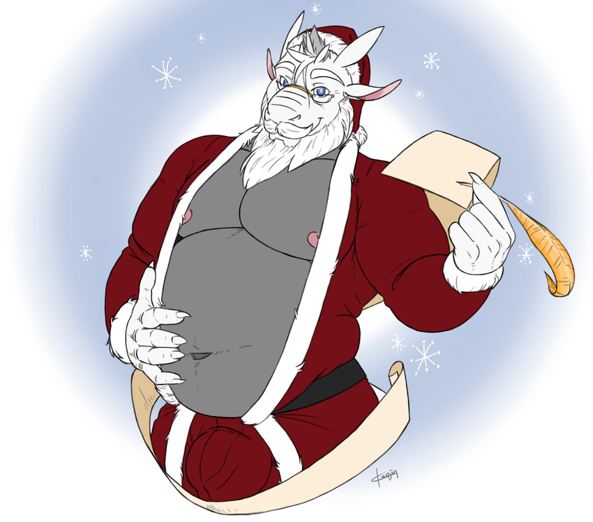 anthro beard belly big_belly bulge caprine christmas clothed clothing cosplay facial_hair goat hat holidays kenjin looking_at_viewer male mammal open_jacket pecs santa_hat smile solo