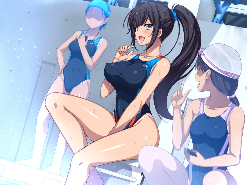 3girls bangs bare_arms bare_legs bare_shoulders barefoot black_hair blast_(lyricbox) blue_eyes blush breasts covered_navel erect_nipples faceless feet goggles happy highres holding index_finger_raised indoors large_breasts legs long_hair long_ponytail looking_at_another lyricbox medium_breasts multiple_girls no_eyes open_mouth original ponytail sitting smile standing sweat swim_cap swimsuit tan tanline thighs