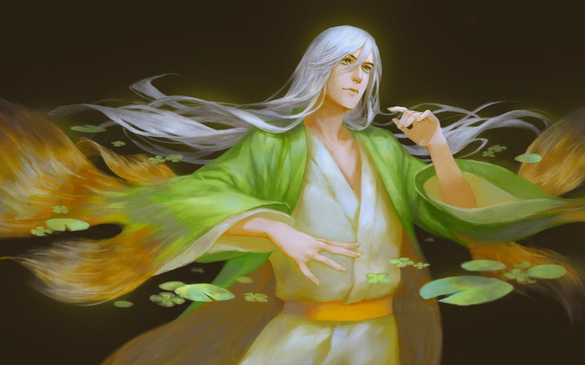 bleach brown_background folie_(cac82622) japanese_clothes long_hair looking_up male_focus realistic solo ukitake_juushirou white_hair yellow_eyes