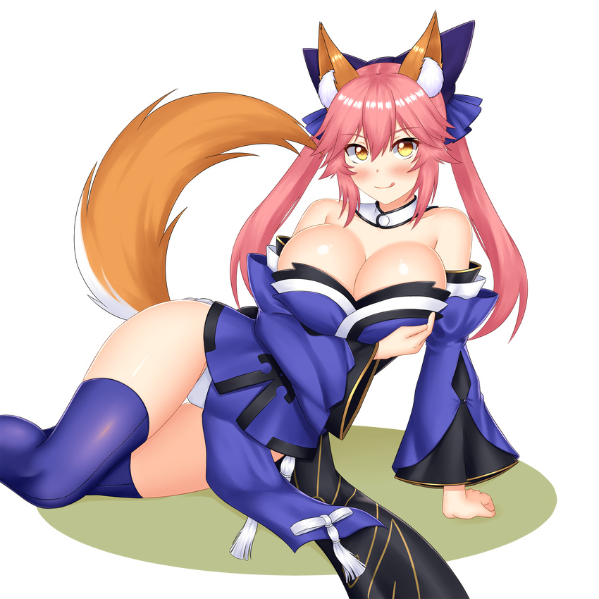 absurdres animal_ears bare_shoulders blue_kimono blue_legwear bow breast_hold breasts cleavage closed_mouth collar detached_sleeves eyebrows_visible_through_hair fate/extra fate/grand_order fate_(series) fox_ears fox_tail hair_between_eyes hair_bow highres huge_breasts japanese_clothes keshigomu kimono long_hair long_sleeves looking_at_viewer lying on_side panties pelvic_curtain pink_hair short_kimono smile strapless tail tamamo_(fate)_(all) tamamo_no_mae_(fate) transparent_background twintails underwear white_panties wide_hips wide_sleeves yellow_eyes