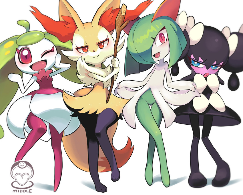 ;d black_hair blue_eyes blush bow braixen commentary_request dress fox_girl full_body gashi-gashi gen_3_pokemon gen_5_pokemon gen_6_pokemon gen_7_pokemon gothic_lolita gothorita green_hair hair_over_one_eye half-closed_eyes hand_on_own_cheek hands_on_own_cheeks hands_on_own_face highres impossible_clothes kirlia lolita_fashion multiple_girls no_humans one_eye_closed open_mouth orange_eyes pink_lips pink_skin plant_girl plant_hair pokemon pokemon_(creature) purple_legwear red_eyes simple_background skirt skirt_lift smile steenee stick twintails white_background white_bow white_skin