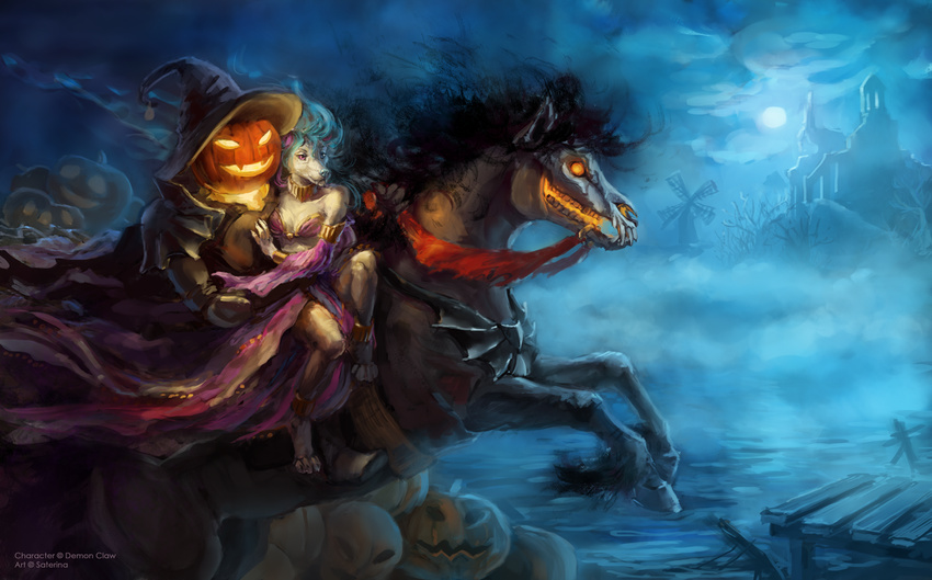 antho armor blue_hair body_armor canine clothed clothing demon dock dress equine fangs female fog fur hair hand_on_chest hat horse jack-o'-lantern long_hair male mammal moon night riding saterina sky water white_fur windmill