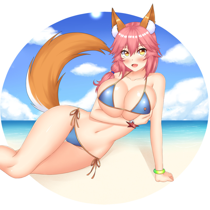 absurdres animal_ears beach beagle bikini blue_bikini blush bracelet breast_hold breasts cloud collarbone day eyebrows_visible_through_hair fang fate/grand_order fate_(series) fox_ears fox_tail hair_between_eyes hair_over_shoulder highres huge_breasts jewelry keshigomu long_hair looking_at_viewer low_twintails lying navel on_side open_mouth outdoors outside_border pink_hair side-tie_bikini sky smile solo star string_bikini swimsuit tail tamamo_(fate)_(all) tamamo_no_mae_(fate) tamamo_no_mae_(swimsuit_lancer)_(fate) thigh_gap transparent_background twintails wide_hips yellow_eyes