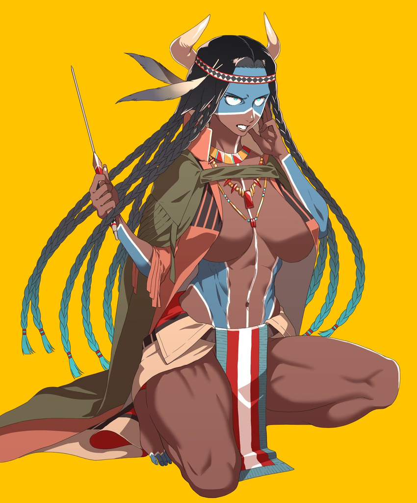 barefoot black_hair blue_eyes bodypaint braid breasts cleavage clenched_teeth dark_skin fate/grand_order fate_(series) genderswap genderswap_(mtf) geronimo_(fate/grand_order) headdress highres holding holding_weapon jewelry kbtmsboy knife large_breasts long_hair native_american native_american_headdress navel necklace simple_background solo squatting teeth very_long_hair weapon yellow_background