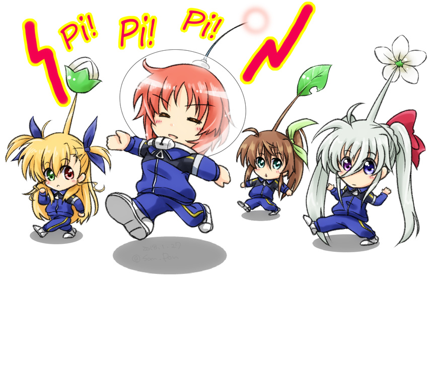 :&lt; ahoge aqua_eyes blonde_hair blue_ribbon blush_stickers bow chibi closed_eyes commentary_request cosplay einhart_stratos flower fuuka_reventon green_eyes green_ribbon hair_between_eyes hair_bow heterochromia highres jacket jumping leaf long_hair lyrical_nanoha multiple_girls no_nose nove_(nanoha) numbers_(nanoha) olimar pants pikmin_(creature) pikmin_(creature)_(cosplay) pikmin_(series) ponytail purple_eyes red_bow red_eyes red_hair ribbon san-pon sidelocks space_helmet track_jacket track_pants track_suit triangle_mouth twintails very_long_hair vivid_strike! vivio walking white_footwear