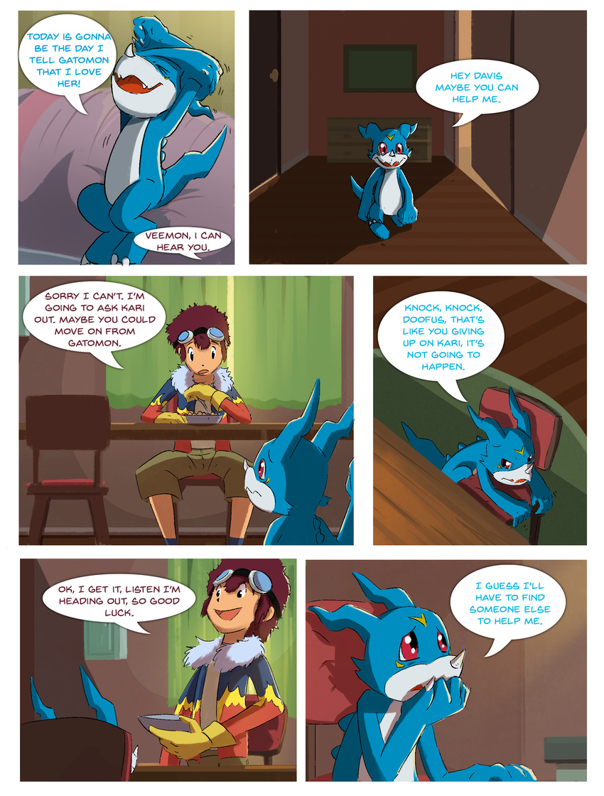 blue_scales clothed clothing comic crossover davis dialogue digimon english_text eyewear gatomon goggles human love mammal nude oriont red_eyes scales speech_bubble story text vee_stitch veemon