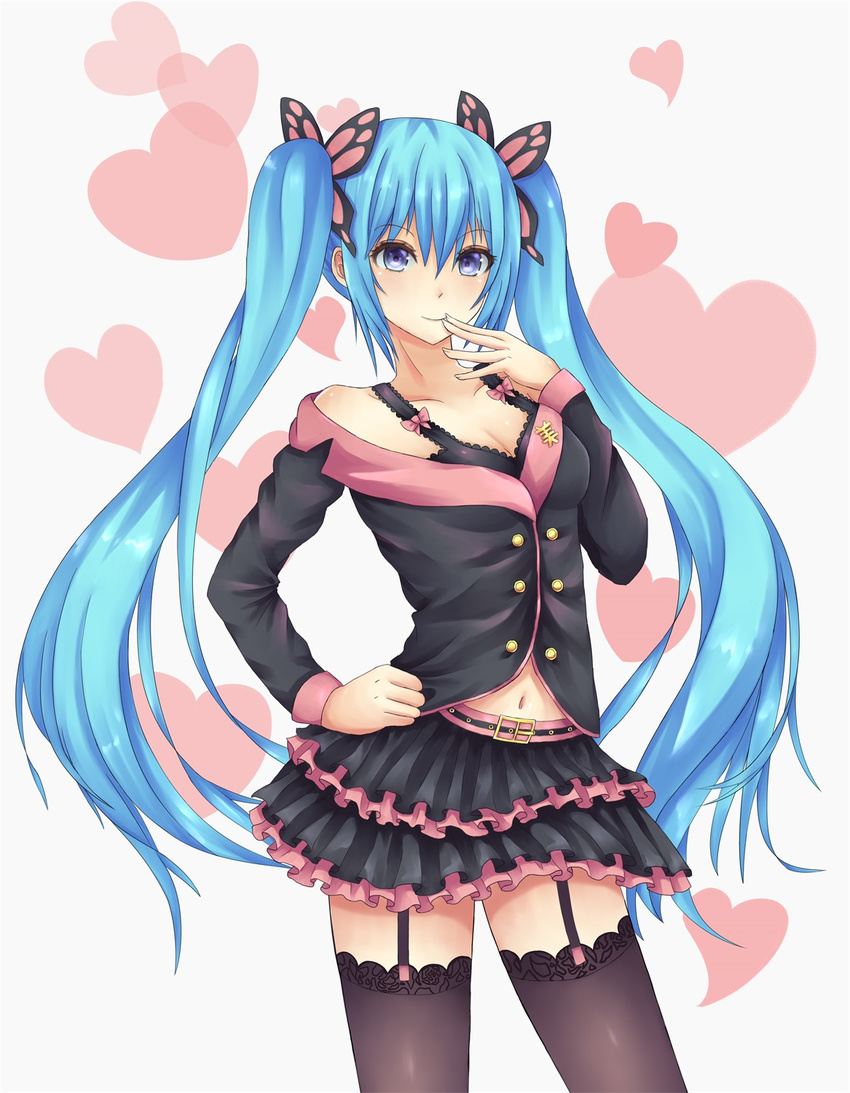 belt black_bra black_legwear blue_eyes blue_hair bra butterfly_hair_ornament garter_straps hair_ornament hand_on_hip hatsune_miku heart highres honey_whip_(module) long_hair navel project_diva_(series) simple_background skirt solo sweet_devil_(vocaloid) thighhighs twintails underwear very_long_hair vocaloid white_background wr