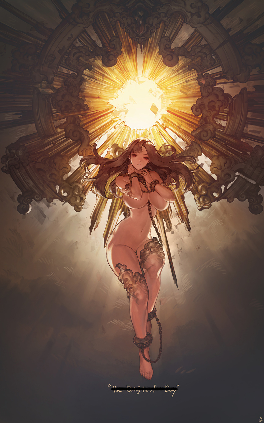 backlighting barefoot breasts brown_hair chain cuffs feet handcuffs highres instant_ip large_breasts long_hair looking_at_viewer navel nude original red_eyes solo stomach toes