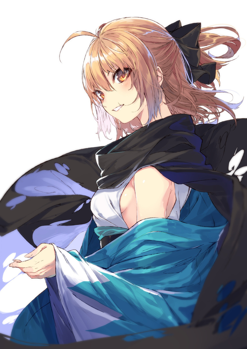 absurdres ahoge bangs black_bow black_scarf blurry bow breasts brown_eyes brown_hair depth_of_field fate_(series) fingernails from_side grin hair_between_eyes hair_bow half_updo haori highres japanese_clothes kimono koha-ace kuwashima_rein long_sleeves looking_at_viewer looking_to_the_side obi off_shoulder okita_souji_(fate) okita_souji_(fate)_(all) sash scarf shinsengumi shiny shiny_hair short_hair sideboob simple_background sleeveless sleeveless_kimono small_breasts smile solo torn_scarf white_background white_kimono wide_sleeves wind