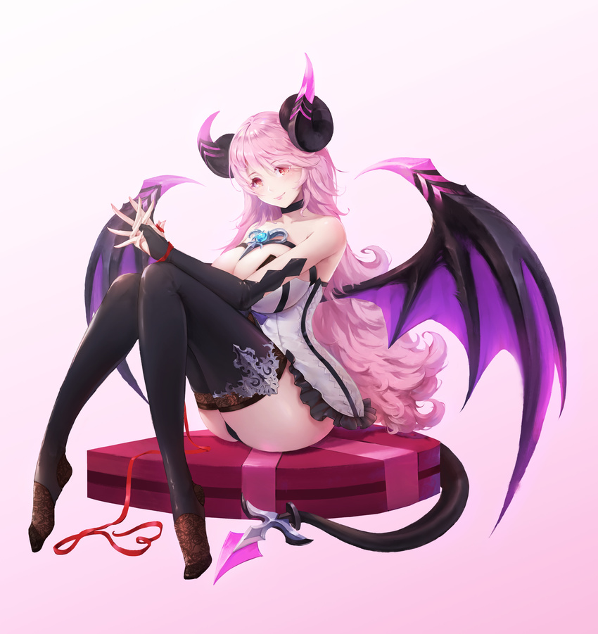 absurdres ass aura_kingdom bare_shoulders black_choker black_legwear breasts choker cookman demon_girl elbow_gloves fingerless_gloves gloves gradient highres horns large_breasts long_hair looking_at_viewer pink_background pink_hair red_eyes sitting succubus tail thighhighs valentine wings