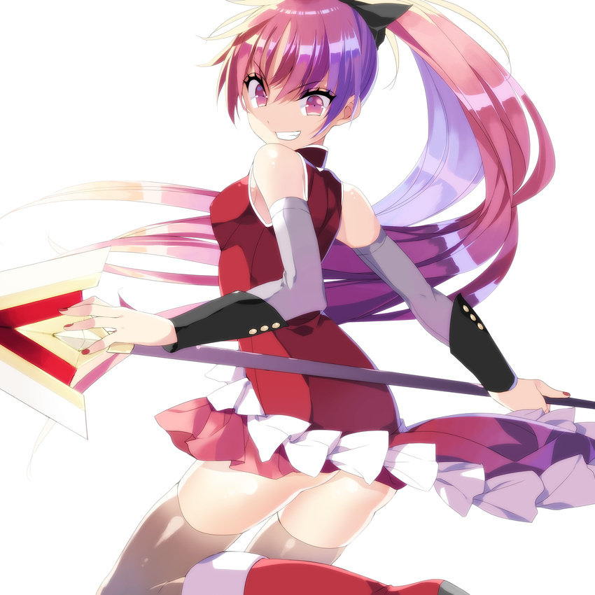 absurdres bad_id bad_pixiv_id bangs bare_shoulders black_ribbon blush bow breasts buttons commentary detached_sleeves dress eyebrows_visible_through_hair fingernails from_side grin hair_between_eyes hair_bow halterneck highres holding holding_weapon leg_up long_hair long_sleeves looking_at_viewer mahou_shoujo_madoka_magica medium_breasts misteor multicolored multicolored_clothes multicolored_dress multicolored_legwear multicolored_skirt parted_bangs polearm ponytail purple_eyes purple_hair ribbon sakura_kyouko skirt smile solo spear teeth thighhighs weapon white_background zettai_ryouiki