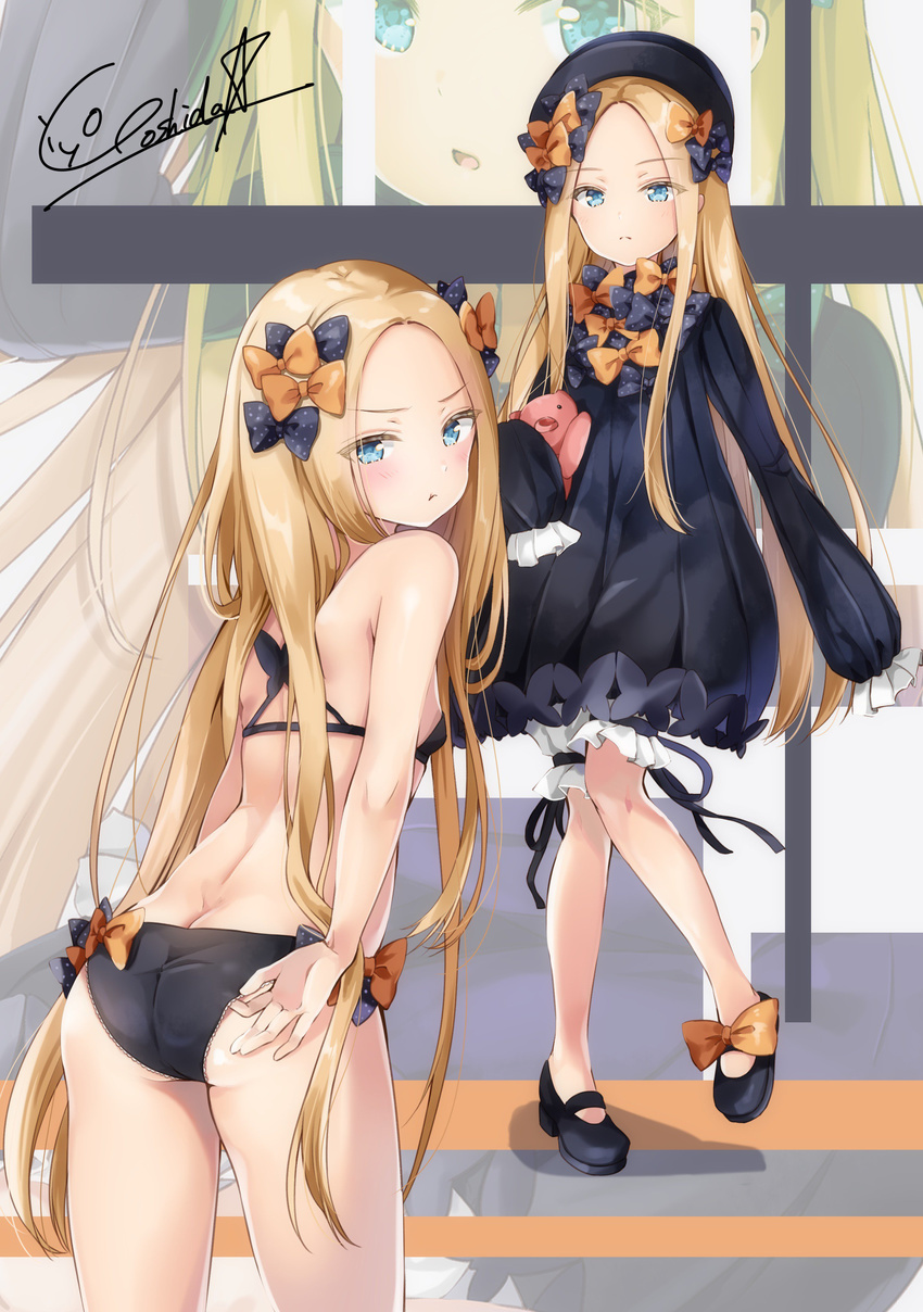 :t abigail_williams_(fate/grand_order) absurdres adjusting_clothes adjusting_panties ass bangs black_bow black_dress black_hat black_panties blonde_hair bloomers blue_eyes bow breasts bug butt_crack butterfly commentary_request dress fate/grand_order fate_(series) forehead frown hat highres holding holding_stuffed_animal insect long_hair looking_at_viewer looking_back multiple_views object_hug orange_bow panties parted_bangs polka_dot polka_dot_bow signature sleeves_past_fingers sleeves_past_wrists small_breasts standing stuffed_animal stuffed_toy teddy_bear underwear white_bloomers yoshida_iyo