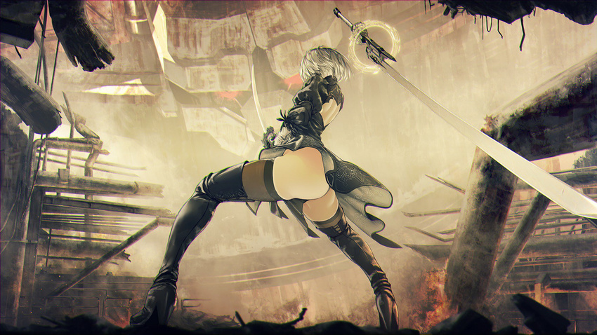 ass back_cutout black_panties boots energy facing_away feather_trim fire floating floating_weapon foreshortening from_behind from_below full_body gloves high_heels highres katana kawanakajima nier_(series) nier_automata panties short_hair shoulder_blades silver_hair skirt solo stance sword thigh_boots thighhighs underwear weapon wind yorha_no._2_type_b